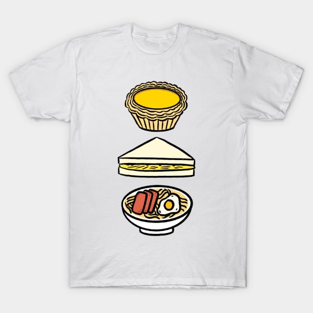 Chinese Egg Tart, Scrambled Egg Sandwich, and Luncheon Meat and Egg Instant Noodles T-Shirt by bonniemamadraws